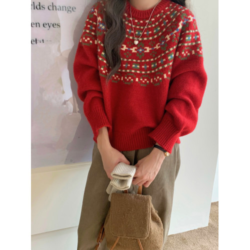 氛圍感!聖誕紅色復古小個子慵懶風毛衣女寬松費爾島小衆秋冬上衣 氛圍感!聖誕紅色復古小個子慵懶風毛衣女寬松費爾島小衆秋冬上衣