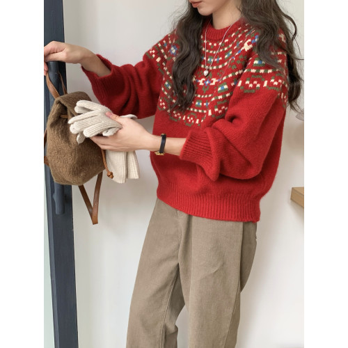 氛圍感!聖誕紅色復古小個子慵懶風毛衣女寬松費爾島小衆秋冬上衣 氛圍感!聖誕紅色復古小個子慵懶風毛衣女寬松費爾島小衆秋冬上衣