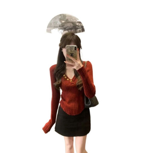 新年聖誕紅色v領針織毛衣女秋冬高級感不規則洋氣內搭打底衫上衣