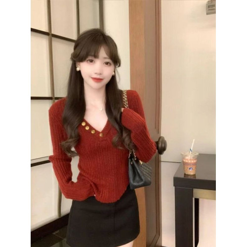 新年聖誕紅色v領針織毛衣女秋冬高級感不規則洋氣內搭打底衫上衣