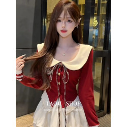 聖誕紅色針織衫毛衣女秋季新款韓系學院風減齡海軍領修身短款上衣