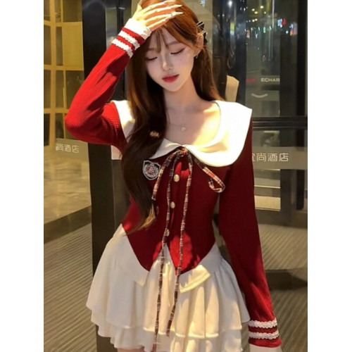 聖誕紅色針織衫毛衣女秋季新款韓系學院風減齡海軍領修身短款上衣