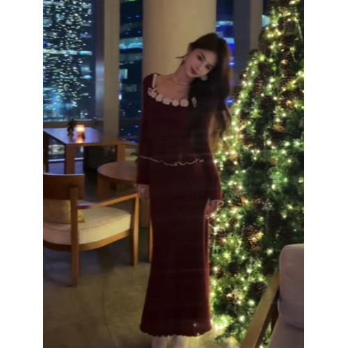 法式復古立體花朵方領針織毛衣套裝女冬設計感小衆聖誕紅裙一整套