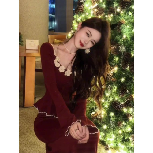 法式復古立體花朵方領針織毛衣套裝女冬設計感小衆聖誕紅裙一整套