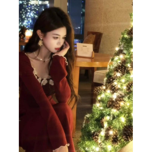 法式復古立體花朵方領針織毛衣套裝女冬設計感小衆聖誕紅裙一整套