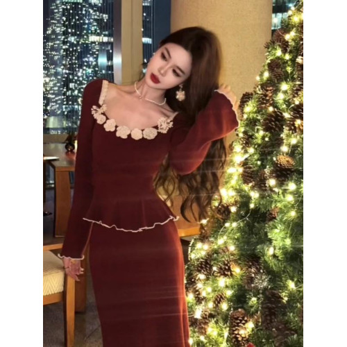 法式復古立體花朵方領針織毛衣套裝女冬設計感小衆聖誕紅裙一整套