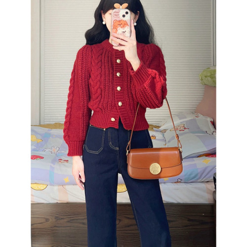 本命年新年聖誕紅色麻花毛衣開衫女秋冬季慵懶風加厚針織外套上衣 本命年新年聖誕紅色麻花毛衣開衫女秋冬季慵懶風加厚針織外套上衣