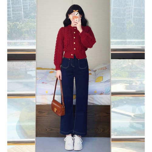 本命年新年聖誕紅色麻花毛衣開衫女秋冬季慵懶風加厚針織外套上衣 本命年新年聖誕紅色麻花毛衣開衫女秋冬季慵懶風加厚針織外套上衣