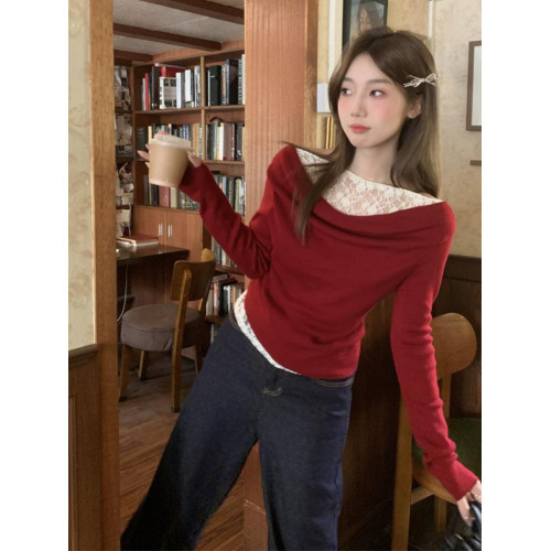 秋冬季修身斜肩蕩領上衣大碼胖妹妹聖誕紅色蕾絲拼接長袖針織衫女 秋冬季修身斜肩蕩領上衣大碼胖妹妹聖誕紅色蕾絲拼接長袖針織衫女