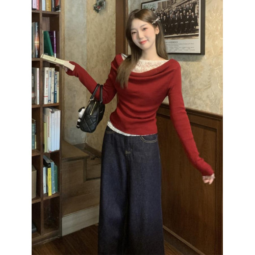 秋冬季修身斜肩蕩領上衣大碼胖妹妹聖誕紅色蕾絲拼接長袖針織衫女 秋冬季修身斜肩蕩領上衣大碼胖妹妹聖誕紅色蕾絲拼接長袖針織衫女