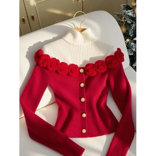 聖誕紅色立體花朵假兩件毛衣2025冬獨特漂亮高級感設計感針織上衣 聖誕紅色立體花朵假兩件毛衣2025冬獨特漂亮高級感設計感針織上衣