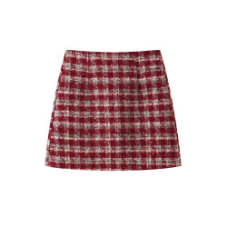 毛呢半身裙女秋冬小個子粗花呢子高腰顯瘦包臀裙聖誕紅色a字裙