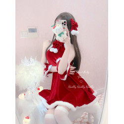 Miubby「雪絨絨」純欲可愛紅絲絨cos聖誕紅裙性感露肩新年連衣裙