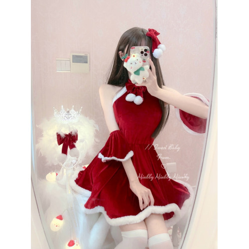 Miubby「雪絨絨」純欲可愛紅絲絨cos聖誕紅裙性感露肩新年連衣裙 Miubby「雪絨絨」純欲可愛紅絲絨cos聖誕紅裙性感露肩新年連衣裙