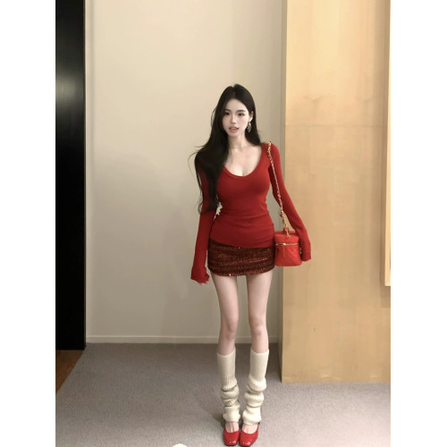 純欲辣妹性感低胸v領上衣女秋冬聖誕紅色長袖t恤打底衫內搭可外穿 純欲辣妹性感低胸v領上衣女秋冬聖誕紅色長袖t恤打底衫內搭可外穿