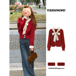 聖誕紅色蕾絲蝴蝶結系帶毛衣開衫女2025秋冬新款修身短款針織外套