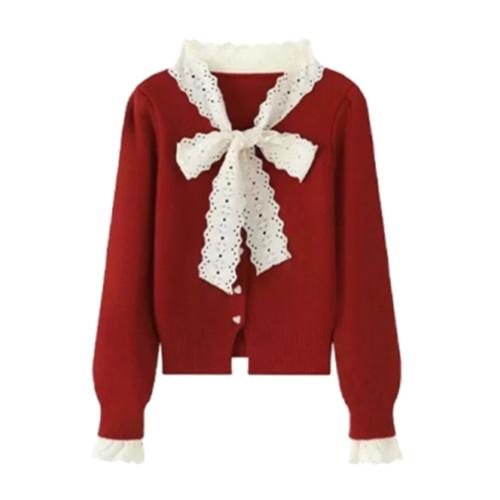 聖誕紅色蕾絲蝴蝶結系帶毛衣開衫女2025秋冬新款修身短款針織外套 聖誕紅色蕾絲蝴蝶結系帶毛衣開衫女2025秋冬新款修身短款針織外套