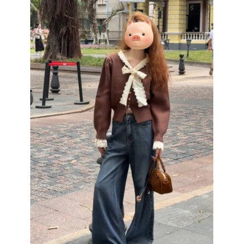 聖誕紅色蕾絲蝴蝶結系帶毛衣開衫女2025秋冬新款修身短款針織外套 聖誕紅色蕾絲蝴蝶結系帶毛衣開衫女2025秋冬新款修身短款針織外套