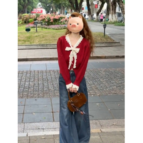 聖誕紅色蕾絲蝴蝶結系帶毛衣開衫女2025秋冬新款修身短款針織外套 聖誕紅色蕾絲蝴蝶結系帶毛衣開衫女2025秋冬新款修身短款針織外套