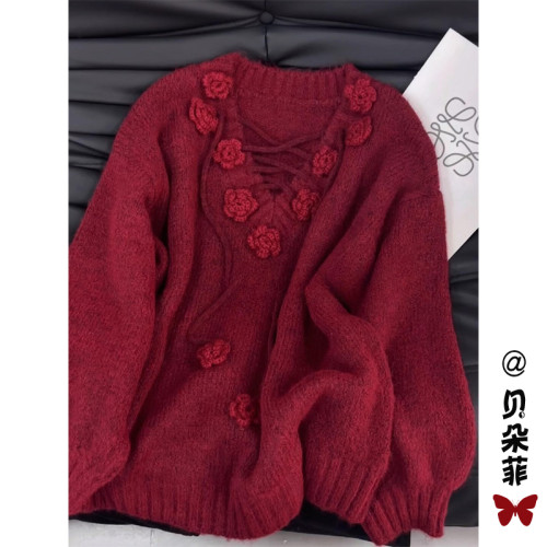 新年聖誕紅色v領毛衣外套女款2025新款春季慵懶高級感針織衫上衣 新年聖誕紅色v領毛衣外套女款2025新款春季慵懶高級感針織衫上衣