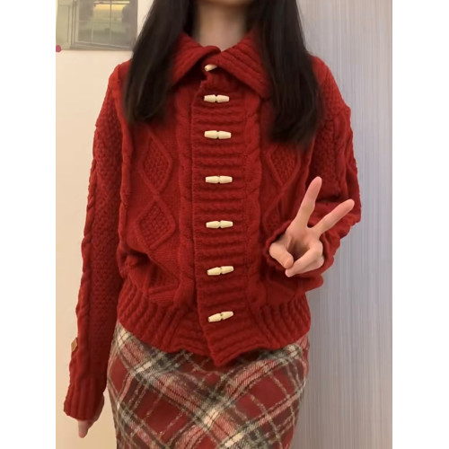 重工學院風聖誕紅色麻花牛角釦毛衣外套女秋冬本命年翻領針織開衫 重工學院風聖誕紅色麻花牛角釦毛衣外套女秋冬本命年翻領針織開衫