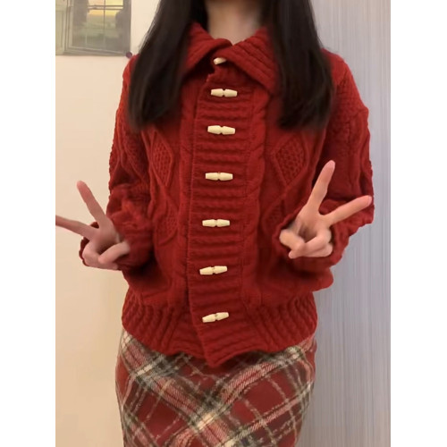 重工學院風聖誕紅色麻花牛角釦毛衣外套女秋冬本命年翻領針織開衫 重工學院風聖誕紅色麻花牛角釦毛衣外套女秋冬本命年翻領針織開衫