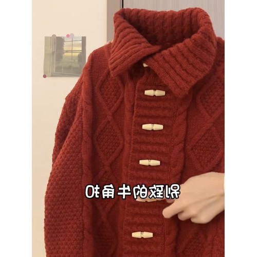 重工學院風聖誕紅色麻花牛角釦毛衣外套女秋冬本命年翻領針織開衫 重工學院風聖誕紅色麻花牛角釦毛衣外套女秋冬本命年翻領針織開衫