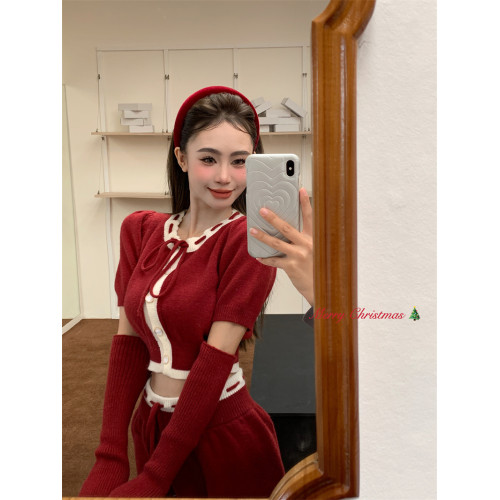 新年年會聖誕紅色毛衣套裝女秋冬泡泡袖套上衣半身短裙針織兩件套