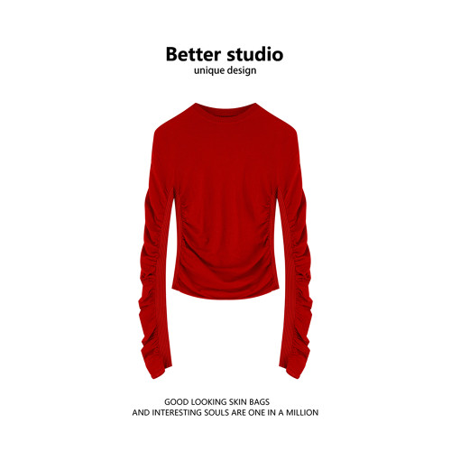 聖誕紅色針織衫女2024冬季新款設計感拼接抽皺外穿內搭修身上衣潮 聖誕紅色針織衫女2024冬季新款設計感拼接抽皺外穿內搭修身上衣潮