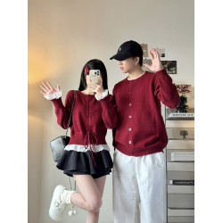 新年情侶裝秋冬季新款假兩件女毛衣開衫聖誕紅色過年男女長袖外套