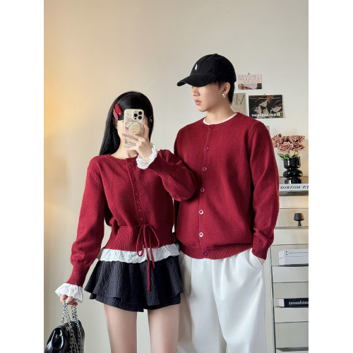 新年情侶裝秋冬季新款假兩件女毛衣開衫聖誕紅色過年男女長袖外套 新年情侶裝秋冬季新款假兩件女毛衣開衫聖誕紅色過年男女長袖外套