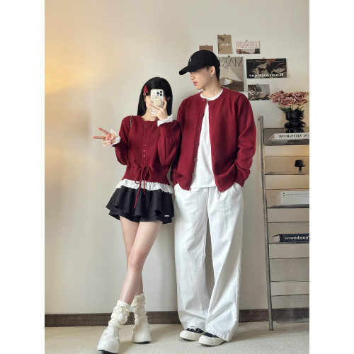 新年情侶裝秋冬季新款假兩件女毛衣開衫聖誕紅色過年男女長袖外套 新年情侶裝秋冬季新款假兩件女毛衣開衫聖誕紅色過年男女長袖外套