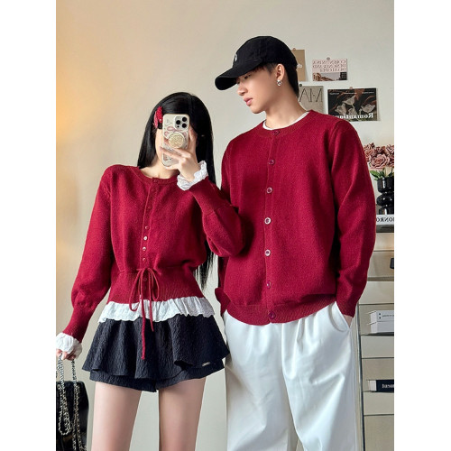 新年情侶裝秋冬季新款假兩件女毛衣開衫聖誕紅色過年男女長袖外套 新年情侶裝秋冬季新款假兩件女毛衣開衫聖誕紅色過年男女長袖外套