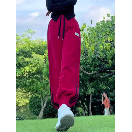 小個子聖誕紅色加絨束腳哈倫褲拼接抽繩衛褲高腰休閒運動褲女冬季 小個子聖誕紅色加絨束腳哈倫褲拼接抽繩衛褲高腰休閒運動褲女冬季