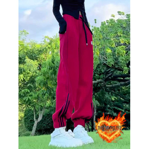 小個子聖誕紅色加絨束腳哈倫褲拼接抽繩衛褲高腰休閒運動褲女冬季 小個子聖誕紅色加絨束腳哈倫褲拼接抽繩衛褲高腰休閒運動褲女冬季