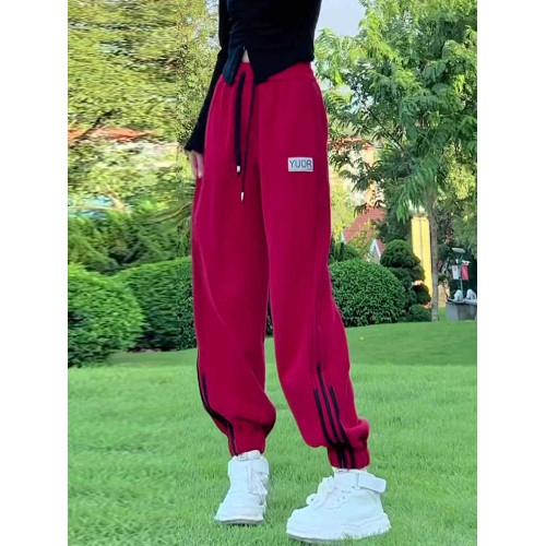 小個子聖誕紅色加絨束腳哈倫褲拼接抽繩衛褲高腰休閒運動褲女冬季 小個子聖誕紅色加絨束腳哈倫褲拼接抽繩衛褲高腰休閒運動褲女冬季