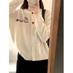 2025早秋季羊毛針織開衫女雪人刺綉愛心釦高級感聖誕紅色毛衣外套