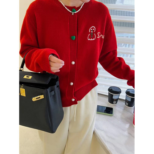 2025早秋季羊毛針織開衫女雪人刺綉愛心釦高級感聖誕紅色毛衣外套 2025早秋季羊毛針織開衫女雪人刺綉愛心釦高級感聖誕紅色毛衣外套