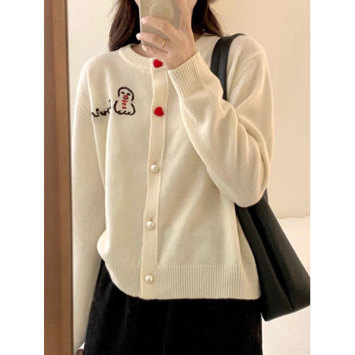 2025早秋季羊毛針織開衫女雪人刺綉愛心釦高級感聖誕紅色毛衣外套 2025早秋季羊毛針織開衫女雪人刺綉愛心釦高級感聖誕紅色毛衣外套