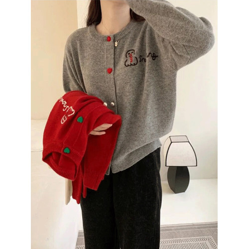 2025早秋季羊毛針織開衫女雪人刺綉愛心釦高級感聖誕紅色毛衣外套 2025早秋季羊毛針織開衫女雪人刺綉愛心釦高級感聖誕紅色毛衣外套