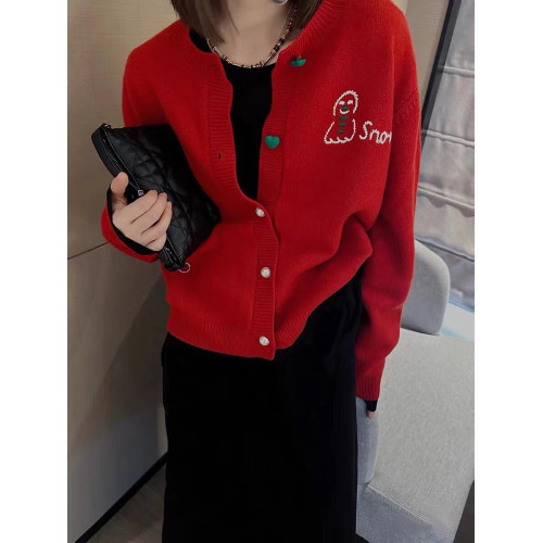 2025早秋季羊毛針織開衫女雪人刺綉愛心釦高級感聖誕紅色毛衣外套 2025早秋季羊毛針織開衫女雪人刺綉愛心釦高級感聖誕紅色毛衣外套