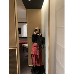 PlaceOrder 復古聖誕紅格子半身雙層設計壓褶A字秋冬中長裙子