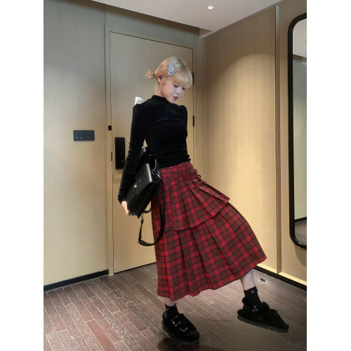 PlaceOrder 復古聖誕紅格子半身雙層設計壓褶A字秋冬中長裙子