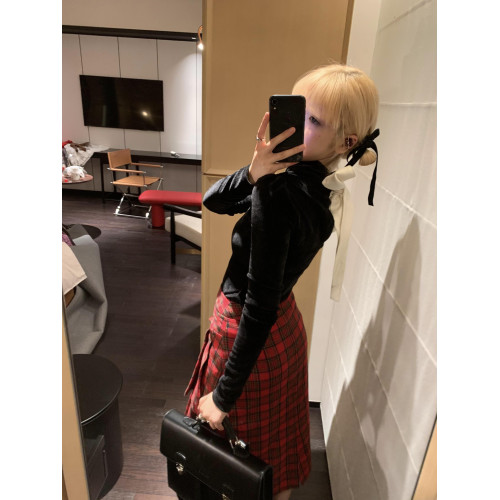 PlaceOrder 復古聖誕紅格子半身雙層設計壓褶A字秋冬中長裙子