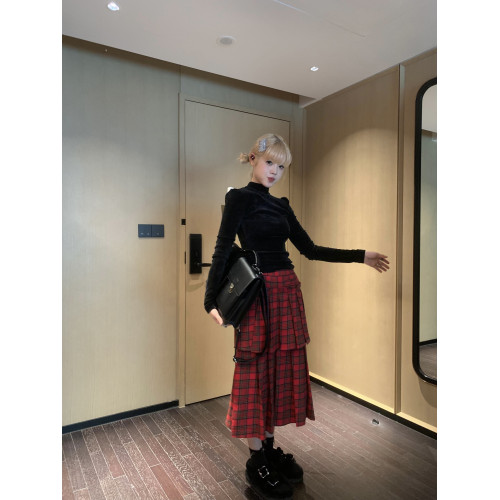 PlaceOrder 復古聖誕紅格子半身雙層設計壓褶A字秋冬中長裙子
