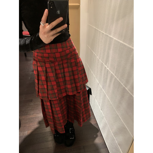PlaceOrder 復古聖誕紅格子半身雙層設計壓褶A字秋冬中長裙子