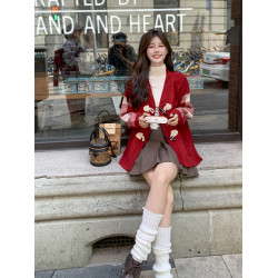 新年聖誕紅色牛角釦毛衣針織開衫女春秋新款寬松慵懶風小個子外套