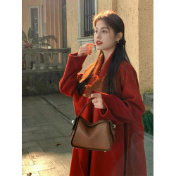 雙面羊毛大衣女2025冬季高級感聖誕紅色中長款系帶收腰毛呢外套女