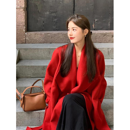 雙面羊毛大衣女2025冬季高級感聖誕紅色中長款系帶收腰毛呢外套女 雙面羊毛大衣女2025冬季高級感聖誕紅色中長款系帶收腰毛呢外套女