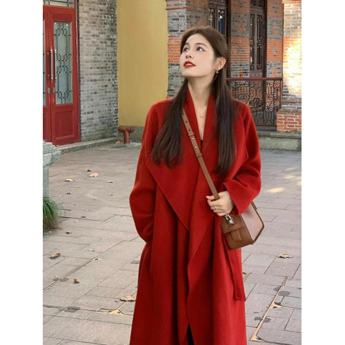 雙面羊毛大衣女2025冬季高級感聖誕紅色中長款系帶收腰毛呢外套女 雙面羊毛大衣女2025冬季高級感聖誕紅色中長款系帶收腰毛呢外套女